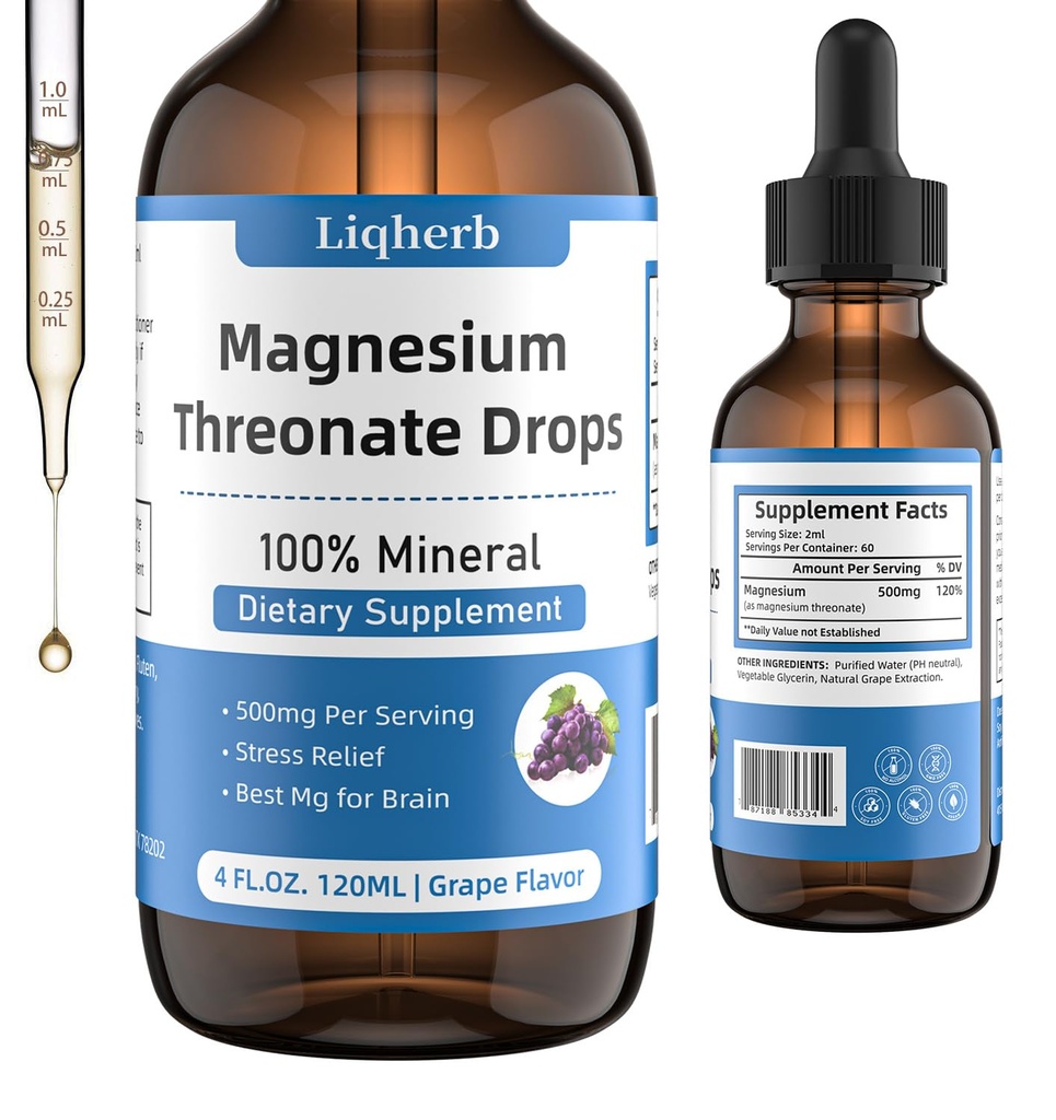Magnesium Threonate Liquid 500mg, voor volwassenen en kinderen, plantaardige Glycerine Base met Better Solution, Best Mg voor Brain Health, Stress & Muscle Relief, Nerve Health, Non-GMO, Gluten-Free, Vegan, 2 FL.OZ.