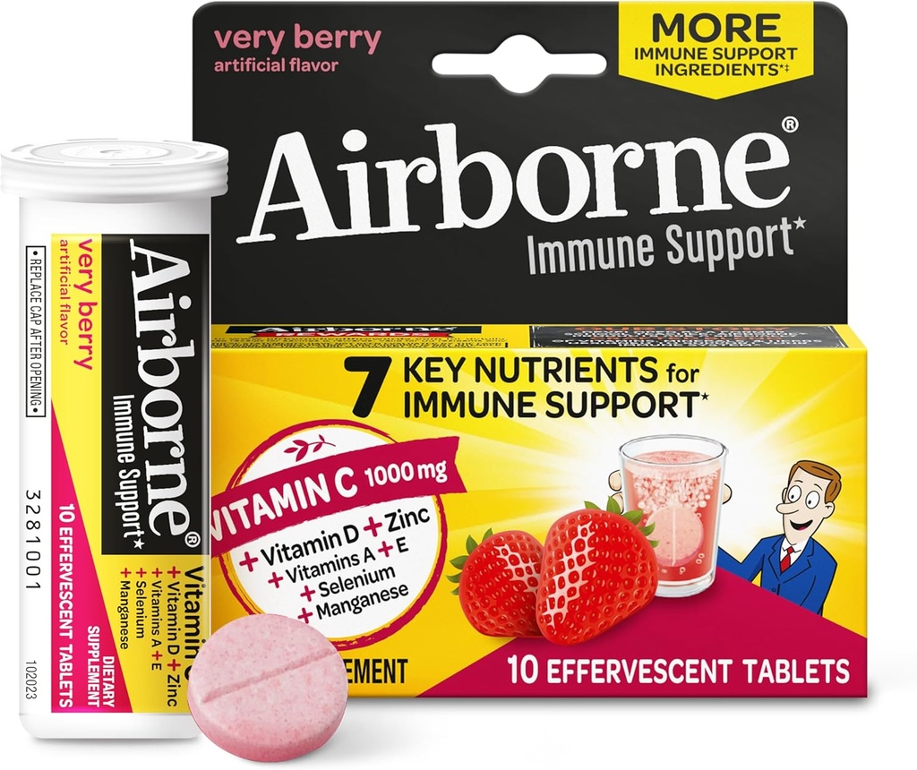 Vitamine C 1000 mg (per portie) - Airborne Zeer Berry Bruisende Tabletten (10 tellingen in een doos), Glutenvrije Immuun Ondersteuning Supplement, met Vitaminen A C E, ZInc, Selenium, Echinacea & Gember