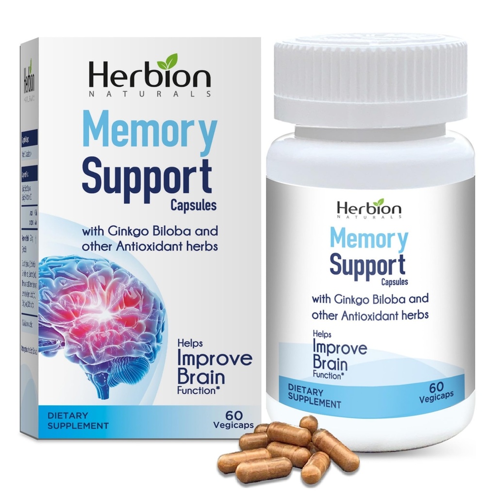 HERBION Naturals Geheugen Ondersteuning Capsules, helpt verbeteren Hersenfunctie & Absent Mindedness, Handhaaft gezonde Mood Niveaus met Ginkgo Biloba, voor volwassenen, 60 Graaf, Pack van 1