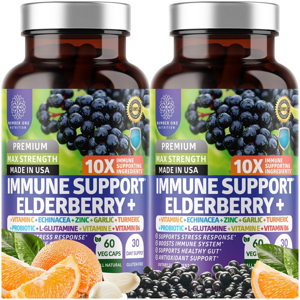 2 Pack N1N Premium 10 in 1 Immune Support Supplement [10 Potent Ingrediënten] met Vlierbessen, Vitamine C, Zink, Echinacea, Kurkuma, Knoflook en Probiotica voor volwassenen, 120 Veg Caps