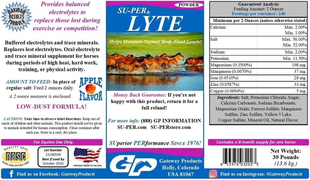 SU-PER Lyte Horse Electrolyt Supplement - helpt handhaven normale lichaamsvochtniveaus - prestaties Horse Minerals & Elektrolyten Vervanging - 30 pond, 8 maand levering