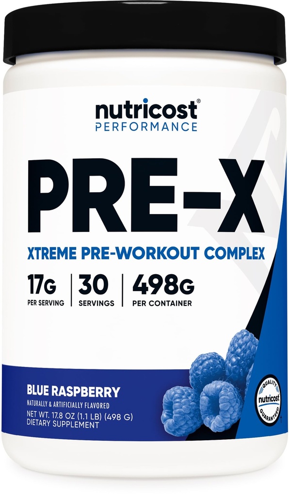 Nutricost Pre-X Xtreme Pre-Workout Powder Complex, Blue Raspberry, 30 porties, Vegetarisch, Non-GMO en Glutenvrij
