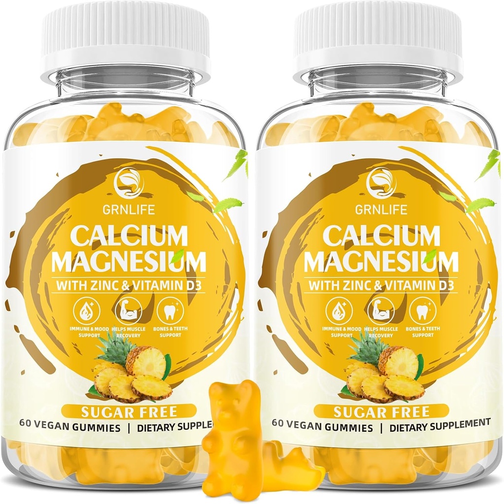 Calcium Magnesium Zink Gummies met Vitamine D3, Suikervrije Calcium Gummies voor Vrouwen Mannen, Hoge Potentie Magnesium voor Bot & Muscle & Immune Health, Ananas Smaak - 120 Tel.