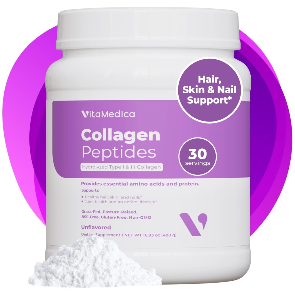 VitaMedica Collagen Peptides Powder for Women & Men - Healthy Hair, Skin, Nails, Bones and Joints - Hydrolyzed Types I & III, Grass-Fed, Pasture-Raised Protein, Zero Sugar - 30 Servings