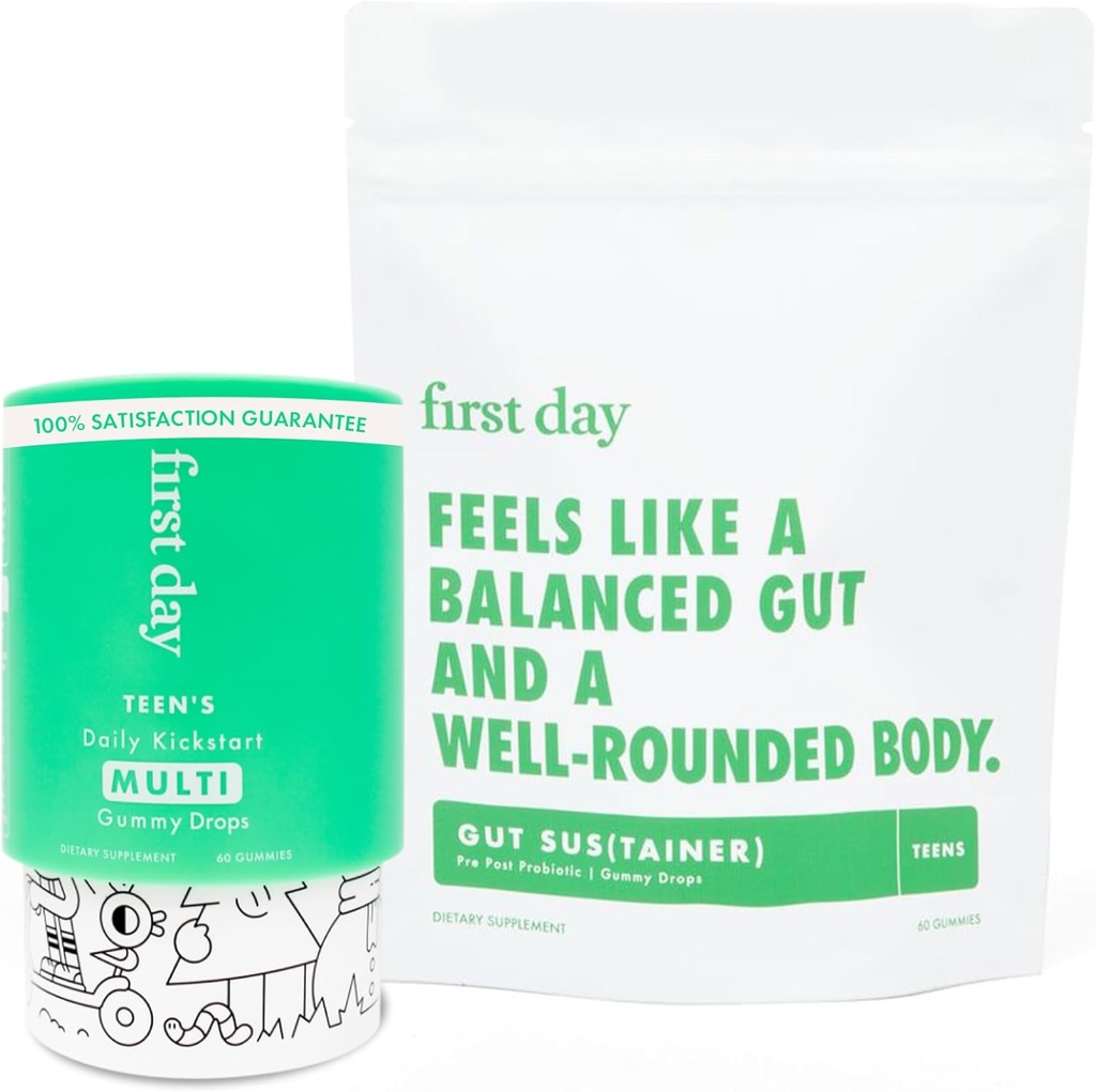 FIRST DAY Teens Daily Multivitamin + Tribiotic Gummies – Vitamin A, D3, B6, B12, C, Pre+, Post+, Probiotics & More to Support Growth, Brain Function, Immunity, Digestion – Low Sugar – 30 Day Supply