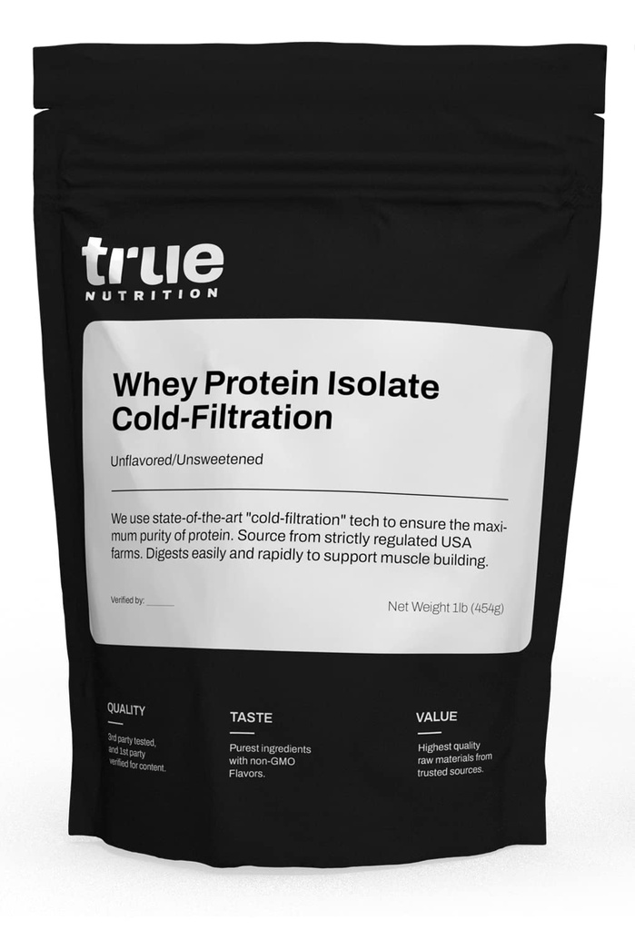 True Nutrition - Unflavored Whey Protein Isolate Cold-Filtration -100% Wei Proteïne Poeder - 27g Proteïne per Serving - Mixes Gemakkelijk en smaakt Great - Third Party Tested - Unflavored / unsweeted - 1lb