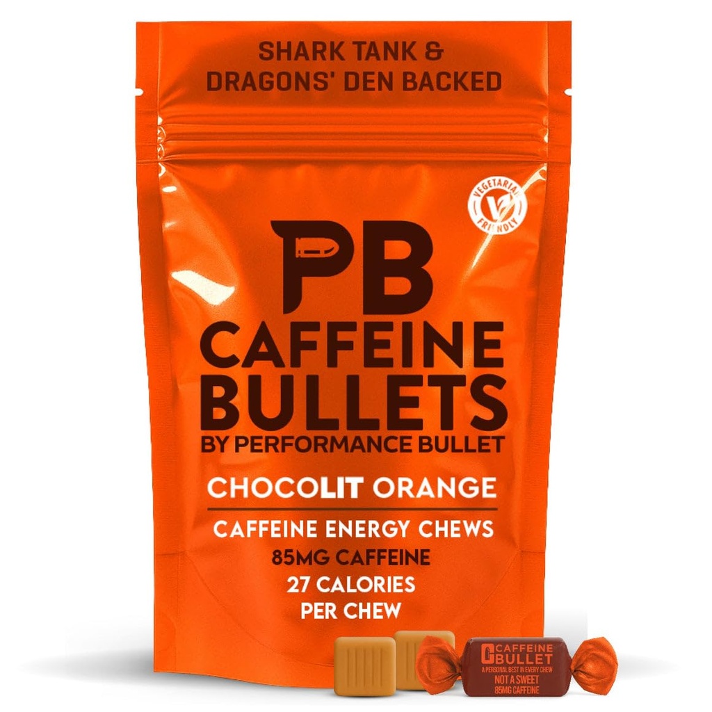 Cafeine Bullet Energy Chews - Chocolate Orange. 40 * 85mg - Sneller Kick Than Pillen, Gels en Gum. Sportwetenschap voor hardlopen, fietsen, Gaming & A Pre Workout Endurance Boost.