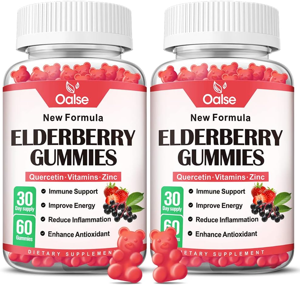 Biologische Vlierbessen Gummies voor kinderen en volwassenen - Sambucus Zwarte Vlierbessen Gummies + Zink en Vitamine C & D3 Ondersteuning Immune Defense Spierkracht Tandgezondheid [60 Count (Pack of 2)]