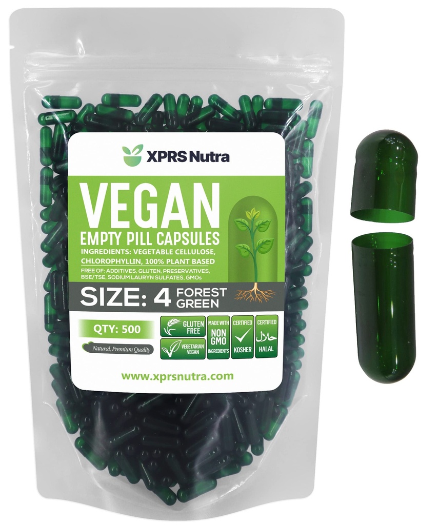 XPRS Nutra Maat 4 Lege Capsules - 500 Tel Kleine Lege Vegan Capsules - DIY Plantaardige Capsule vullen - Vulbare Do-It-Yourself Veggie Pill Caps voor supplementen (Forest Green)