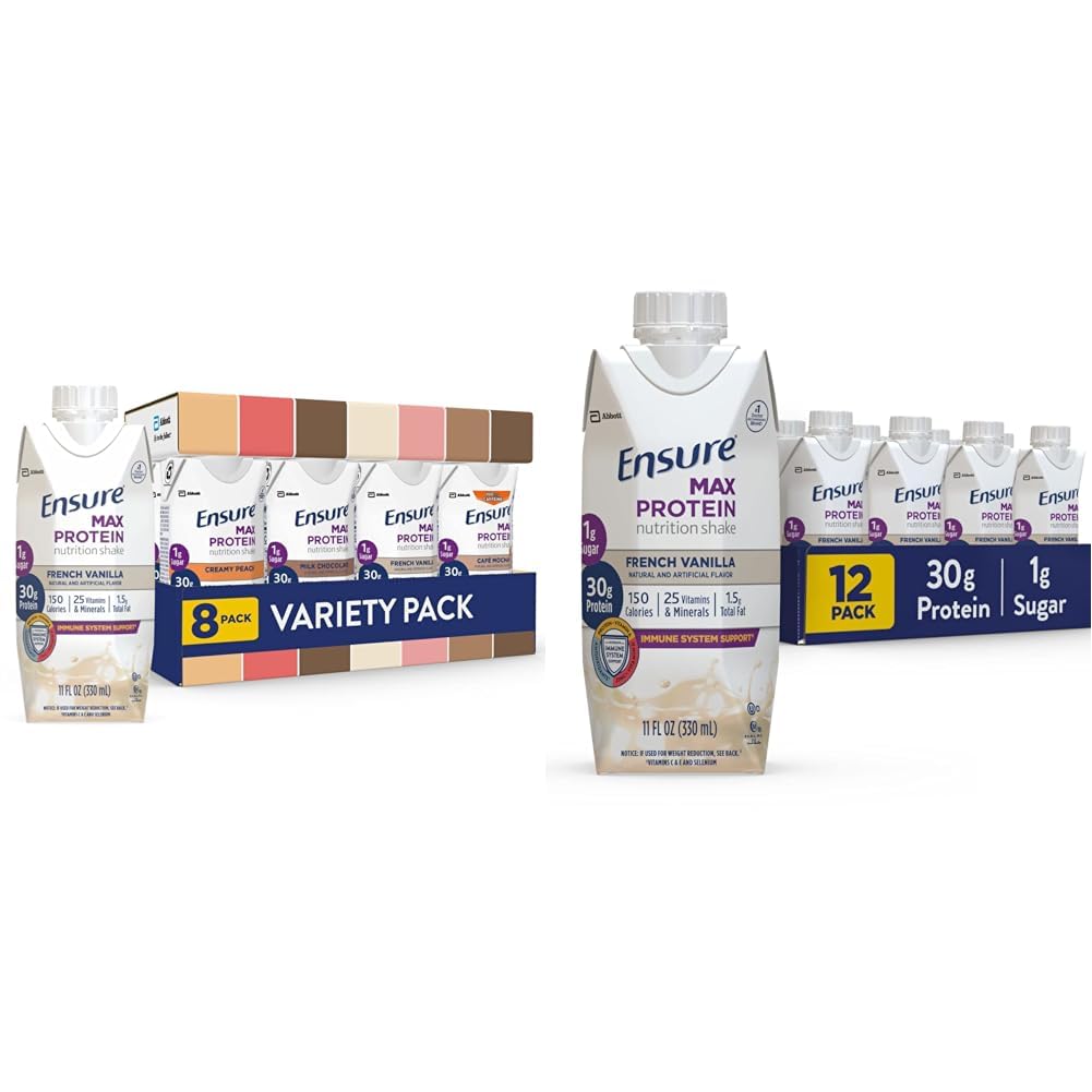 Zorg ervoor dat Max Protein Nutrition Shakes, Variety Pack, met 30 g Proteïne & Max Proteine Nutrition Shake met 30 g Proteïne, 1 g Suiker, Hoge Proteïne Shake, Franse Vanille, Liquid, 11 fl oz (verpakking van 12)