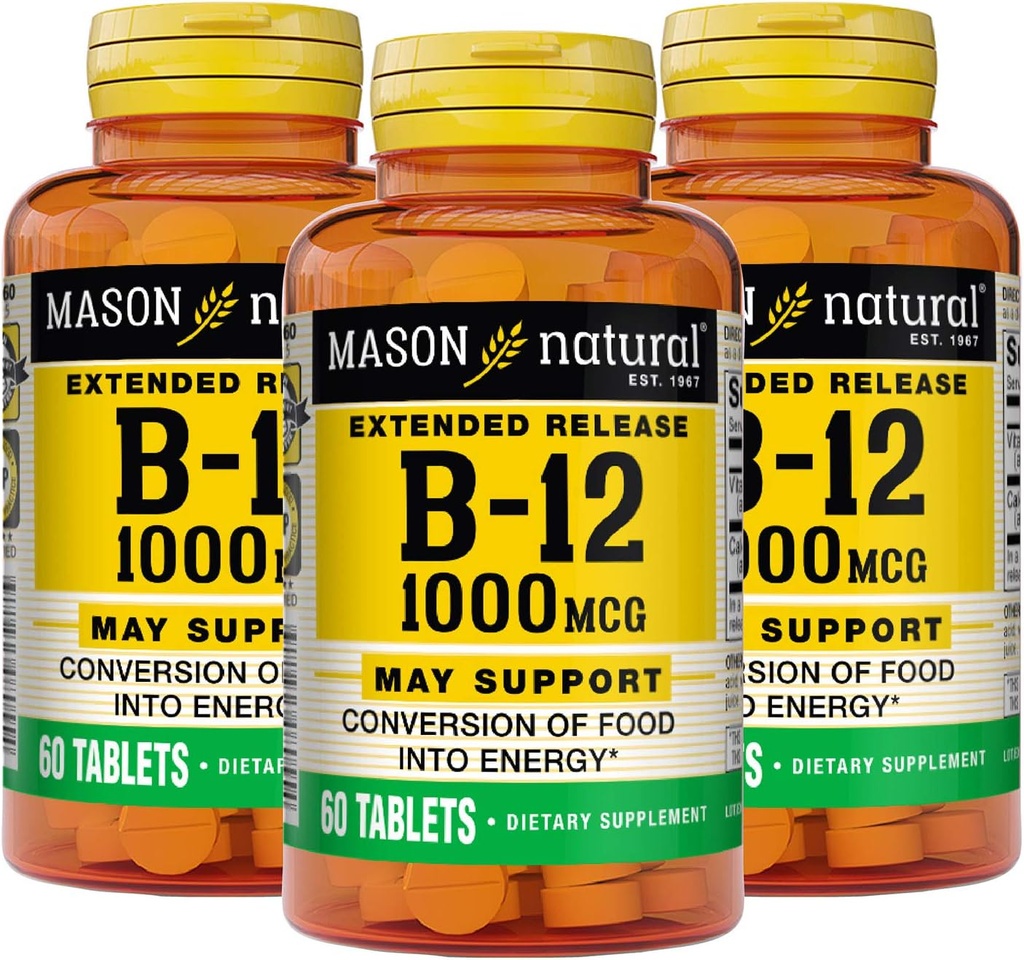 MASON NATUURLIJKE B-12 1000Mcg Cyanocobalamine Extended Release Tablets, 60-Count Bottles (verpakking van 3)