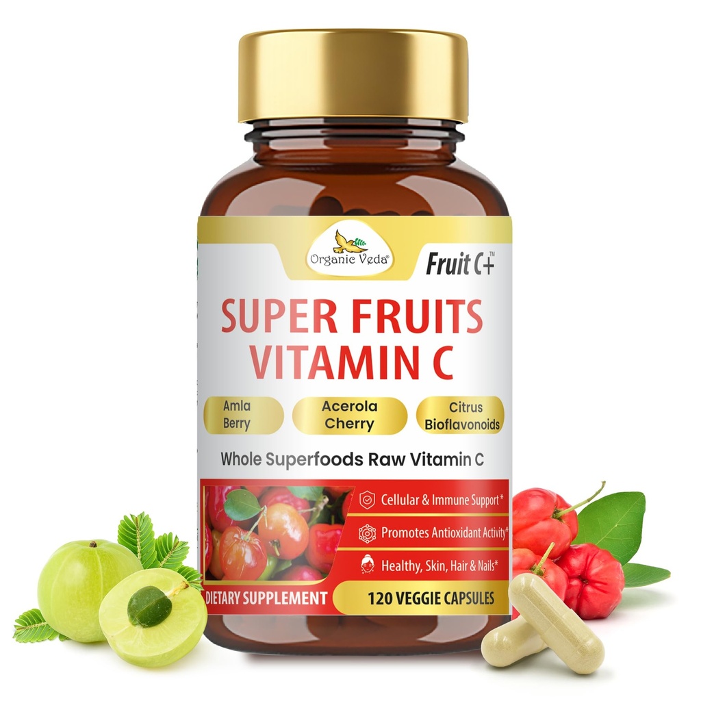 Biologische Veda Superfruit Vitamine C Capsule met Acerola Cherry & Amla Berry - Whole Food Natural Vitamine C Supplement met Citrus Bioflavonoïden voor immuniteit, Cellular & Skin Health - 120 Vegan Pillen
