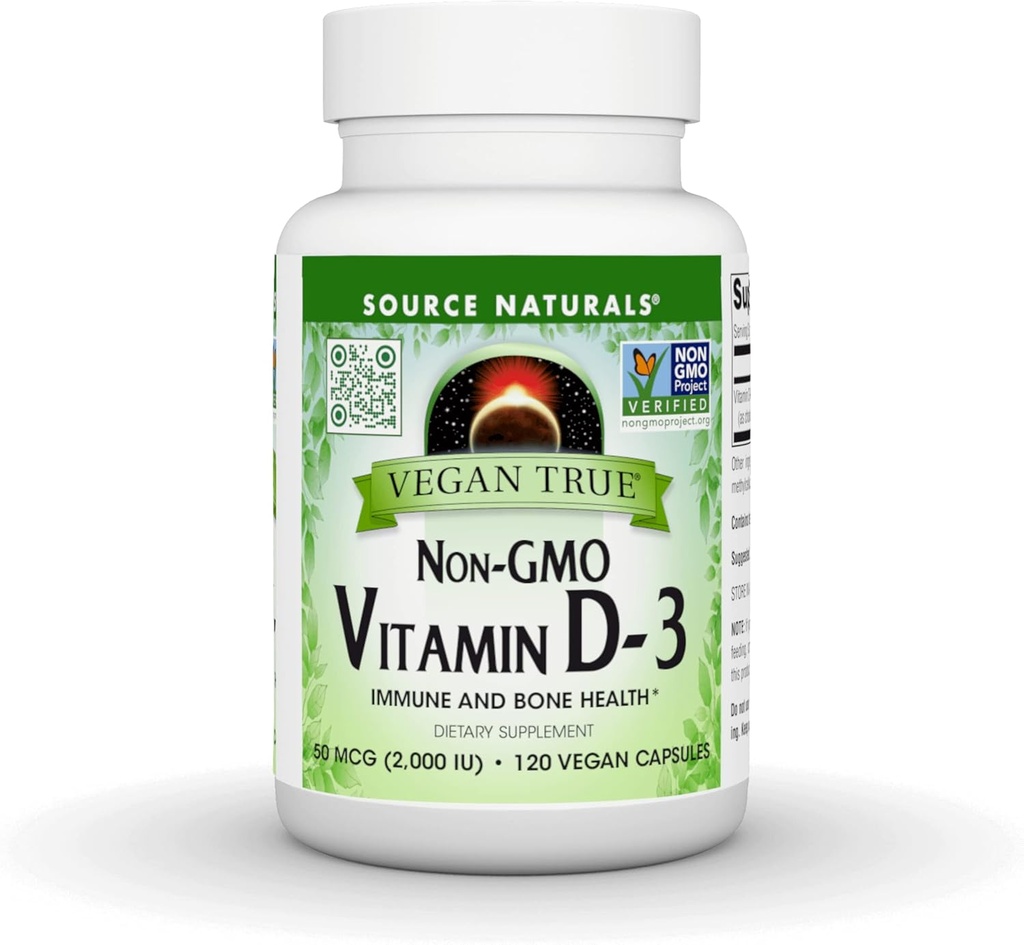 Bron Naturals Vegan True, Non-GMO Vitamine D-3, Dieetsupplement voor Immune en Bone Health*, 2000 IE - 90 Capsules