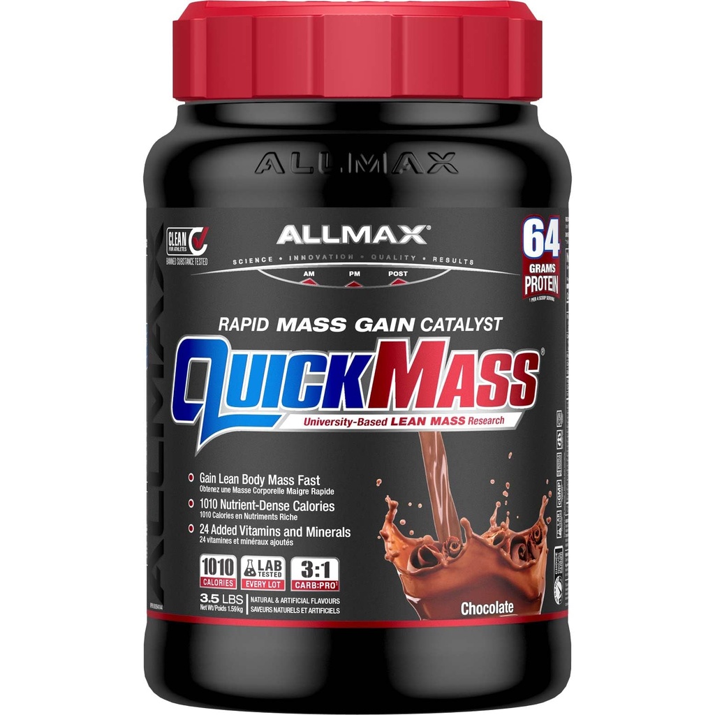 ALLMAX QUICKMASS, Chocolate - 3,5 lb - Rapid Mass Gain Catalyst - Tot 64 Gram eiwit per portie - 3:1 Carb to Proteine Ratio - Zero Trans Fat - Tot 24 Servingen