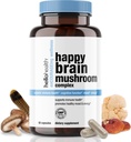 Happy Brain Mushroom Complex Nootropics Brain Support Supplement, 10 paddo supplement: Lions Mane, Turkije staart, Red Reishi, Shiitake Paddenstoelen voor verbeterde helderheid, energie, Immune Support 60ct. 4pk