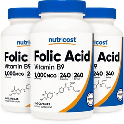 Nutricost Foliumzuur (Vitamine B9) 1000 mcg, 240 capsules (3 flessen)