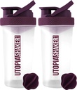 Utopia Home Protein Shaker Bottle - (Pack of 2) 28-Ounce Shaker Bottles For Protein Mixes - Fitness Sports Classic Protein Mixer Shaker Bottle (Clear/Plum)