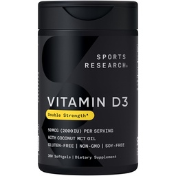 Sportonderzoek Vitamine D3 2000 IE met Kokos MCT-olie - Dubbelsterk vitamine D-supplement - Niet-GMO-verifieerd, Glutenvrij en sojavrij 50 mcg, 360 vloeibare softgels