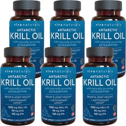 Viva Naturals Antarctica Krill Oil 1250 mg, Omega 3 EPA DHA en Astaxanthine, Joint Support and Brain Supplement with Antioxidant Properties, No Fishy Aftersmaak (Pack of 6)