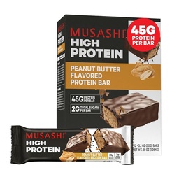 MUSASHI High Protein Bar, 45g Protein, 2g Total Sugars, Pindakaas & Milk Chocolate Coated, Post Workout and Protein Snack On The Go, 12 Pack of 3.2oz (90g) Bars