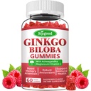 Ginkgo Biloba Gummies met Panax Ginseng en Magnesium, Ginkgo Biloba Supplementen voor Focus, Geheugen, en Brain Health voor volwassenen en kinderen, Vegan Raspberry Flavor Gummies, 60 Tellen