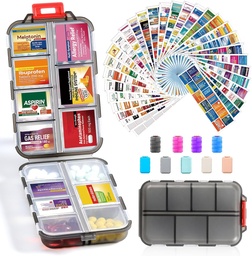 14 Grids Travel Pill Organizer Box met 415-Pcs Medicine Naam Labels - Pocket Daily Pharmacy Case Container Kit - Travel Medication Holder Dispenser voor Visolie Vitamine Supplement Opslag -Clear Grey