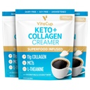 VitaCup Keto + Collageen Koffie Creamer Vanille Smaak w/MCT, Collageen Proteïne, Kokoswater, L-Theanine voor Keto Dieet, Koffie, Smoothies, & Shakes, Dairy-Free, Gluten-Free, Soy-Free, 3 zakken,10oz elk