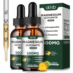 (2 Pack) Magnesium Glycinate Supplement, Magnesium Liquid Drops met Magnesium Glycinate 500mg Ashwagandha, L - Theanine, Kamille -Ondersteunt Optimale Kalmte Slaap Vegan