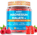Magnesium Malate Energy Gummies Plus L-Theanine, CoQ10, Methyl B12, Methylfolaat, B6 & D3-400mg Magnesium Gummy Sugar Free for Women Mannen, ondersteunt spierfunctie, Kalm & Relax, Veganistan, 60 Ct