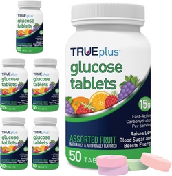 TRUEplus® Glucose Tablets, Assorted Flavor (Grape, Raspberry, Orange) - 50ct Fles - 6 Pack