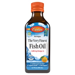 Carlson - De meest verfijnde visolie, 1600 mg Omega-3s, vloeibare visoliesupplement, Noorse visolie, wilde olie, duurzaam gewonnen visolie vloeibaar, oranje, 6,7 Fl Oz