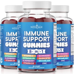 NIEUWE AGE 8 in 1 Immune Support Booster Supplement met Astragalus Root, Vitamine C en Zink 50mg, Vitamine D 5000 IE, Quercetine & Bromelain (8 in 1 Gummies (verpakking van 3))