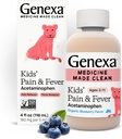 Genexa Acetaminofene Pijn & koorts Orale suspensie Geneeskunde - 4oz - Voor kinderen 2 - 11 jaar Oud, tijdelijk verlicht pijn en koorts symptomen, 160 mg per 5 ml- Biologische bosbessen smaak