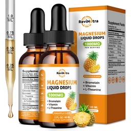 2 Pack Magnesium Glycinate Liquid Drops, 1000mg Liquid Magnesium Complex Drops for Sleep, Nerve, Energy, Muscle, Bot, Kalm & Digestie, Hoge Absorptie, 2 Fl Oz, Ananas smaak