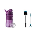 BlenderBattle SportMixer Shaker Bottle Perfect voor eiwitshakes en pre-workout, 20-Ounce, Plum & 2-in-1 Shaker Bottle and Straw Cleaning Brush, 1 Pack,Gray