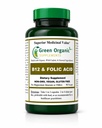 Green Organic Supplements (Pack-1) Vitamine B12 & Folic Acid, 1000mcg, 90 VCaps, Hand Made, Vegan, Non-GMO, ondersteunt de werking van het zenuwstelsel, en de integriteit van huid, haar en lever
