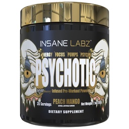 Insane Labz Psychotic Gold, High Stimulant Pre Workout Powder, Extreme Lasting Energy, Pumps en Endurance met Beta Alanine, DMAE Bitrate, NO Booster (35 Servers, Peach Mango)