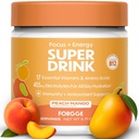 Forgge Energy Booster Super Drink - Clean Cafeïne + B12, B6, C & D Vitamines - Suikervrij Energie Drinkpoeder met Elektrolyten, Aminozuren, Antioxidanten, Lions Mane - Vegan, Keto-Friendly - 30 SVG, Peach Mango