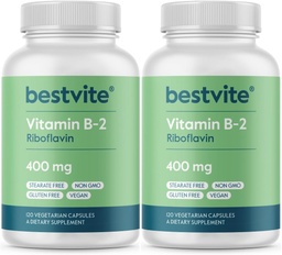 BESTVITE Vitamine B-2 (Riboflavine) 400 mg (240 Vegetarische Capsules) (120 x 2) - Geen Stearates - Veganistisch - Niet GGO - Glutenvrij