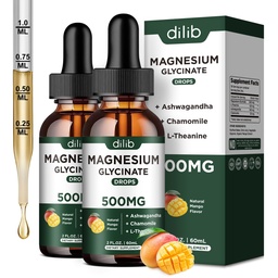 Magnesium Glycinate Liquid Drops Supplement, met Magnesium Glycinate 500mg Ashwagandha, L - Theanine, Kamille - Ondersteuning Stress Relief, Bot, Spier, Mood Mango Smaak 2Pack