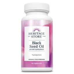 Heritage Store Black Seed Oil Liquid Capsules 650mg, Nigella Sativa Oil Supplement met Thymochinon, Omega 3 6 9, Antioxidant, Cholesterol, Digestief, Gezamenlijke & Immune Ondersteuning*, Vegan, 45 Serv, 90ct