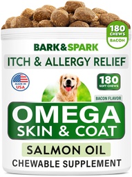 Omega 3 voor honden en katten - 180 Fish Oil Treats for Dog Sheding, Skin Allergie, Itch Relief, Hotspots Treatment - Joint Health - Skin and Coat Supplement - EPA & DHA Fatty Acids - Salmon Oil - Bacon