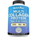 Nutrivein Premium Multi Collageen Pillen 2250 mg - 180 Easy-to- Swallow Collageen Capsules: Type I, II, III, V, X Gehydrolyseerde proteïne Peptiden voor vrouwen en mannen - Veroudering, gewrichten, haar, huid, botten, & nagels