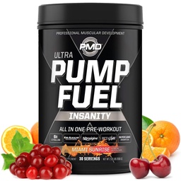 PMD Sport pomp brandstof Ultra waanzin - Premium pre-workout poeder en spierpomp, grotere focus, endurance & Recovery, Premium Creatine, Arginine & Beta Alanine - Miami Sunrise (30 porties)