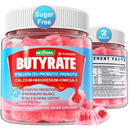 Butyrate Gummies with Probiotic + Prebiotic + Postbiotic, Omega-3 500mg,9 Miljard CFU Probiotics with Fiber, Calcium & Magnesium, Inulin,Psyllium Husk for Digestive Health,Bloating Support, Sugar Free