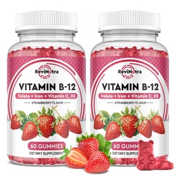 Vitamine B12 Complex Gummies - 5000 mcg Methylcobalamine met ijzer, vitamine C, D3 & Folate, Energie Ondersteuning & Metabolisme, Immune, B-12 Kauwbaar supplement voor mannen en vrouwen, aardbeien smaak, 2 Pack