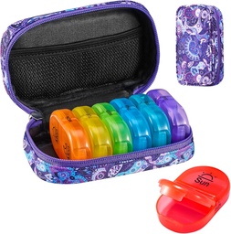 Serfeymi Weekly Travel Pill Organizer 2 keer Een dag AM PM Geupgraded Regenboog Pill Box 7 dag met Portable Zipper Canvas Pill Case, Medicine Organizer voor Pillen, Vitaminen, Visolie - Paars 01