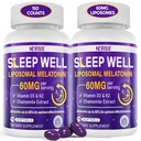 Melatonine 60 mg voor volwassenen Hoge dosis, ondersteunt diepe rust & hersenen cognitie, extra sterkte liposomaal Melatonine met vitamine D3 K2, kamille, voor geluid Zzz cyclus, Immune & Antioxidant, 150 Softgels