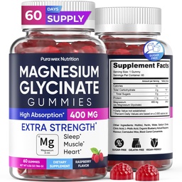 Magnesium Glycinate Gummies 400mg, Hoge Absorptie Magnesium Supplement voor Vrouwen, Mannen en Kinderen, Spierondersteuning en Ontspanning, Suikervrij, Veganistisch, 60 Days Supply