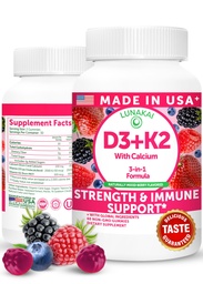 Lunakai USA Made Vitamin D3 K2 Gummies with Calcium 3-in-1 Daily Vegan Supplement for Bone & Immune Support for Women, Men & Kids, 60ct